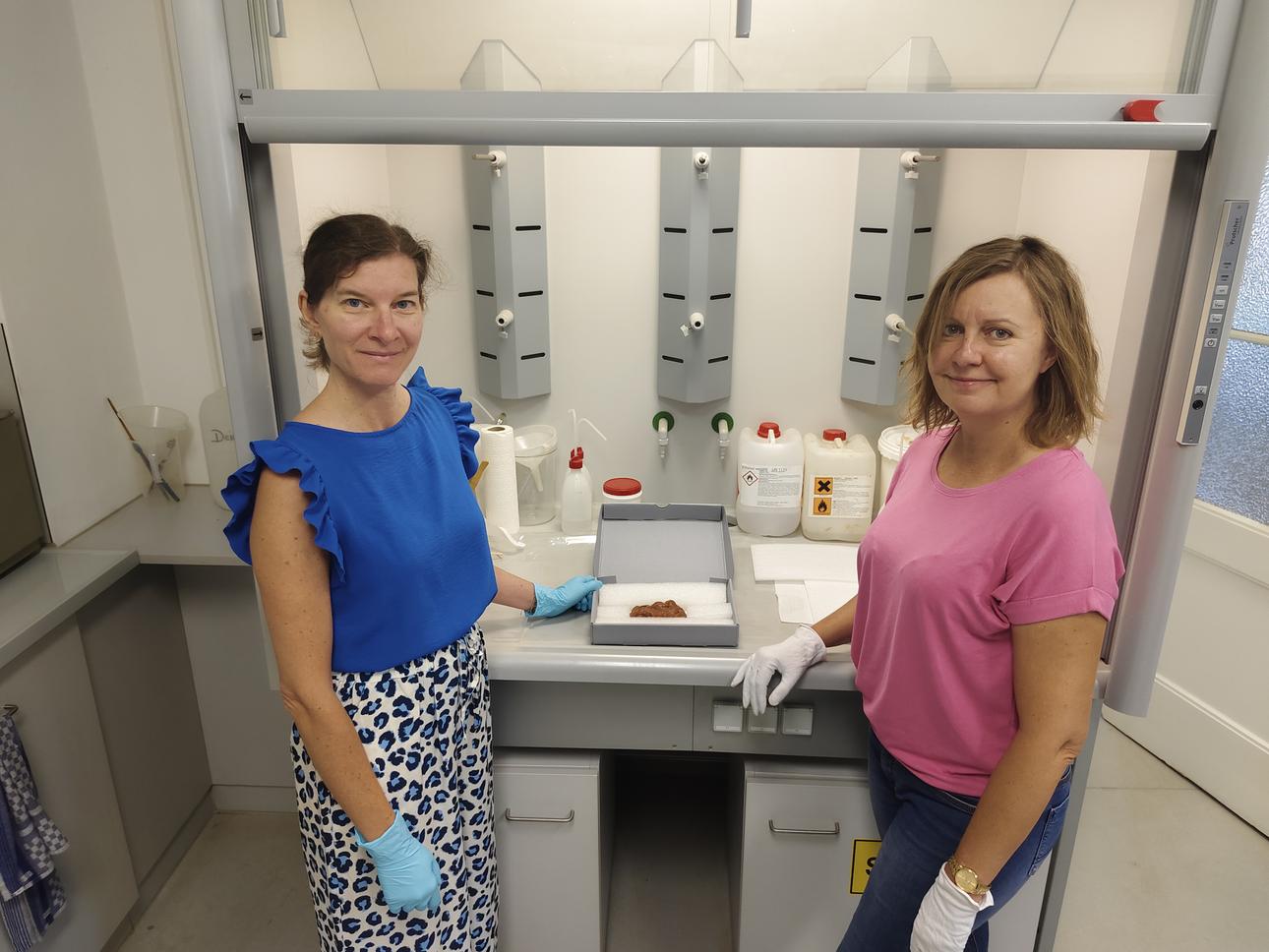 Restauratorin Kathrin Schmidt und Judith Schwarzäugl vom Landesmuseum Burgenland mit dem Bernsteinwolf