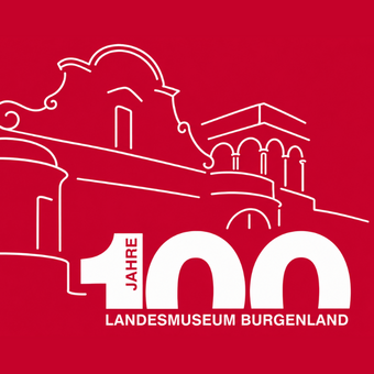Logo 100 Jahre Landesmuseum Burgenland in weiß auf rotem Hintergrund